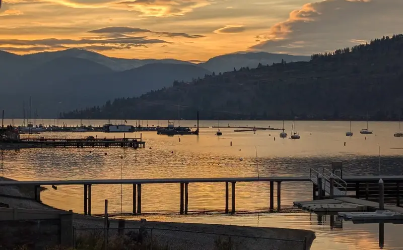 Golden sunset over the docks on Okanagan Lake at Okanagan Landing